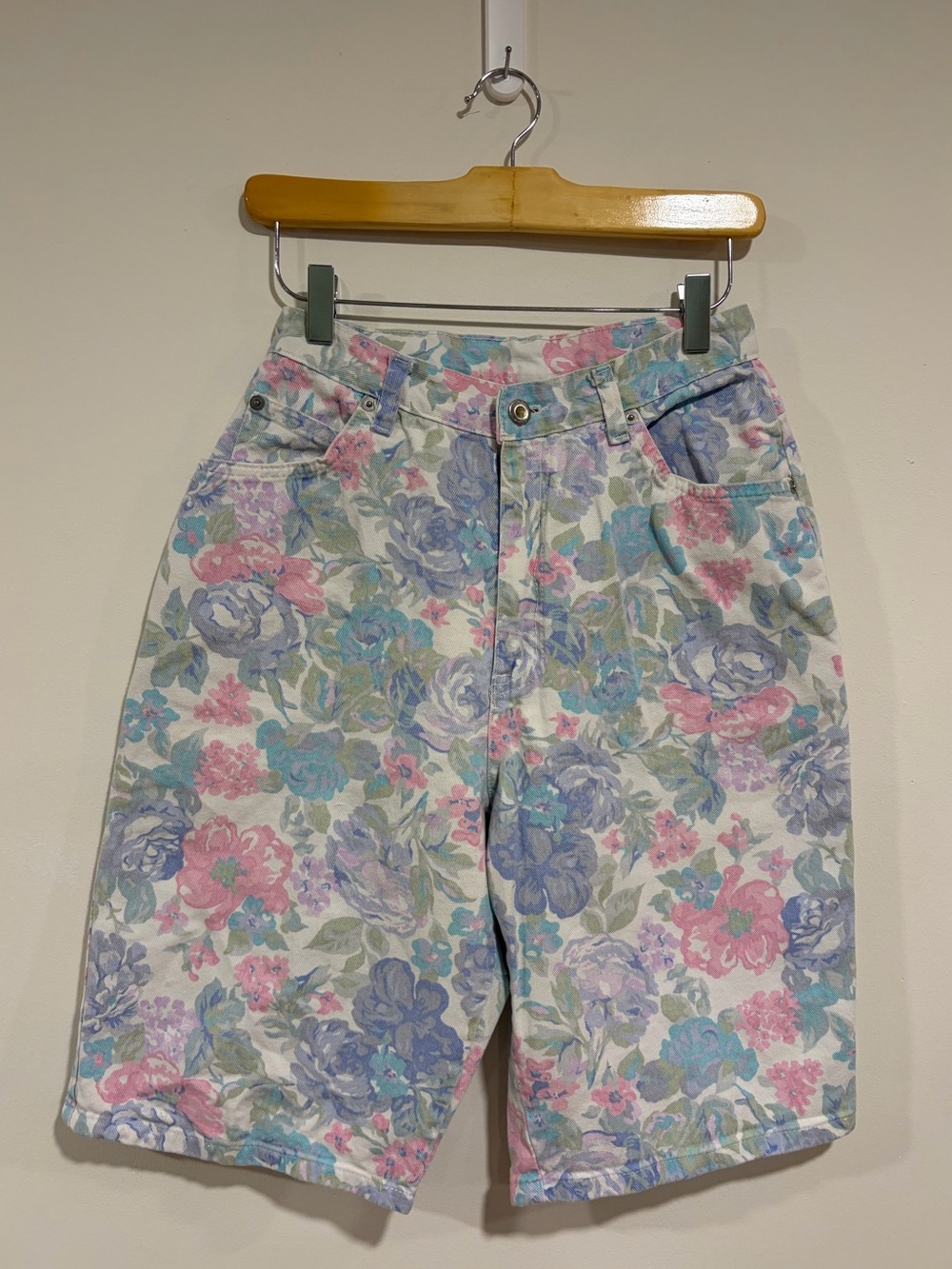 Vintage Union Made Floral High Rise Denim Cotton Shorts Cottagecore Size 25